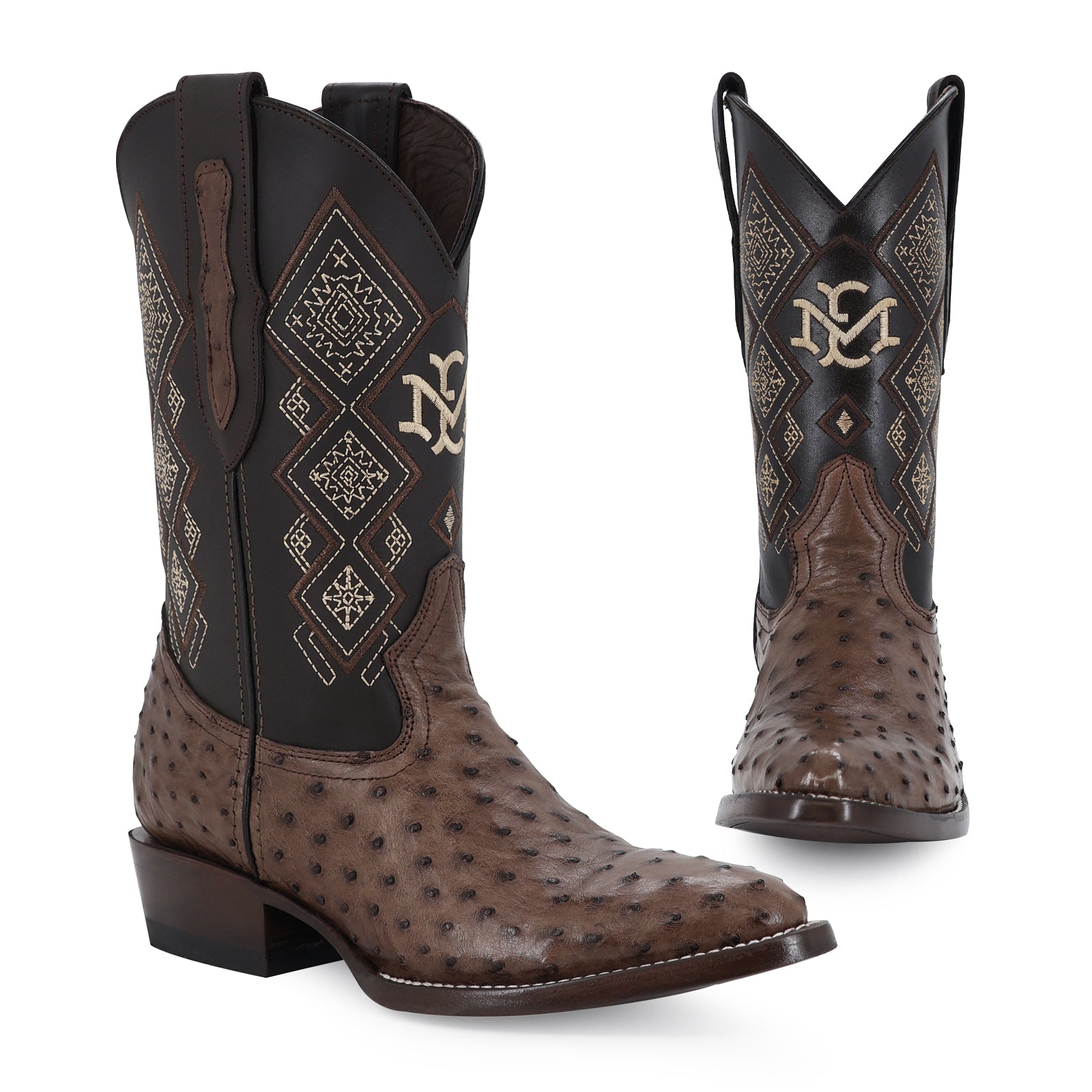 Ostrich leather cowboy boot round toe