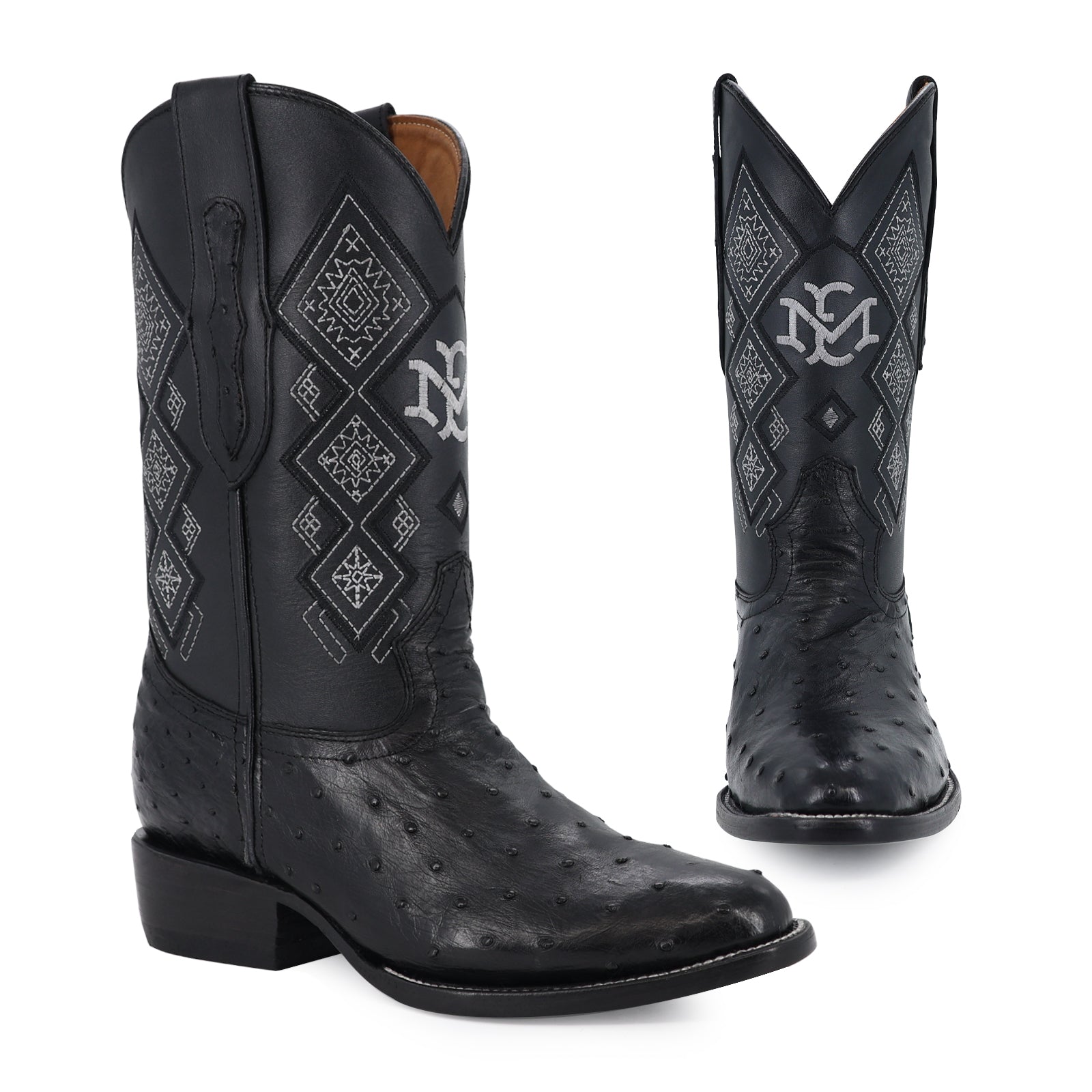 Ostrich leather cowboy boot round toe