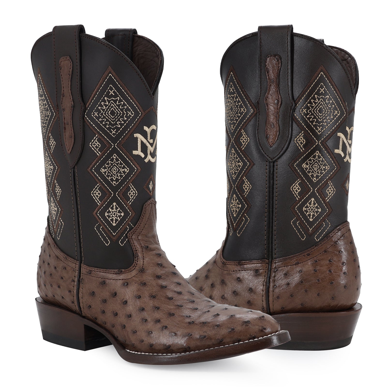 Ostrich leather cowboy boot round toe