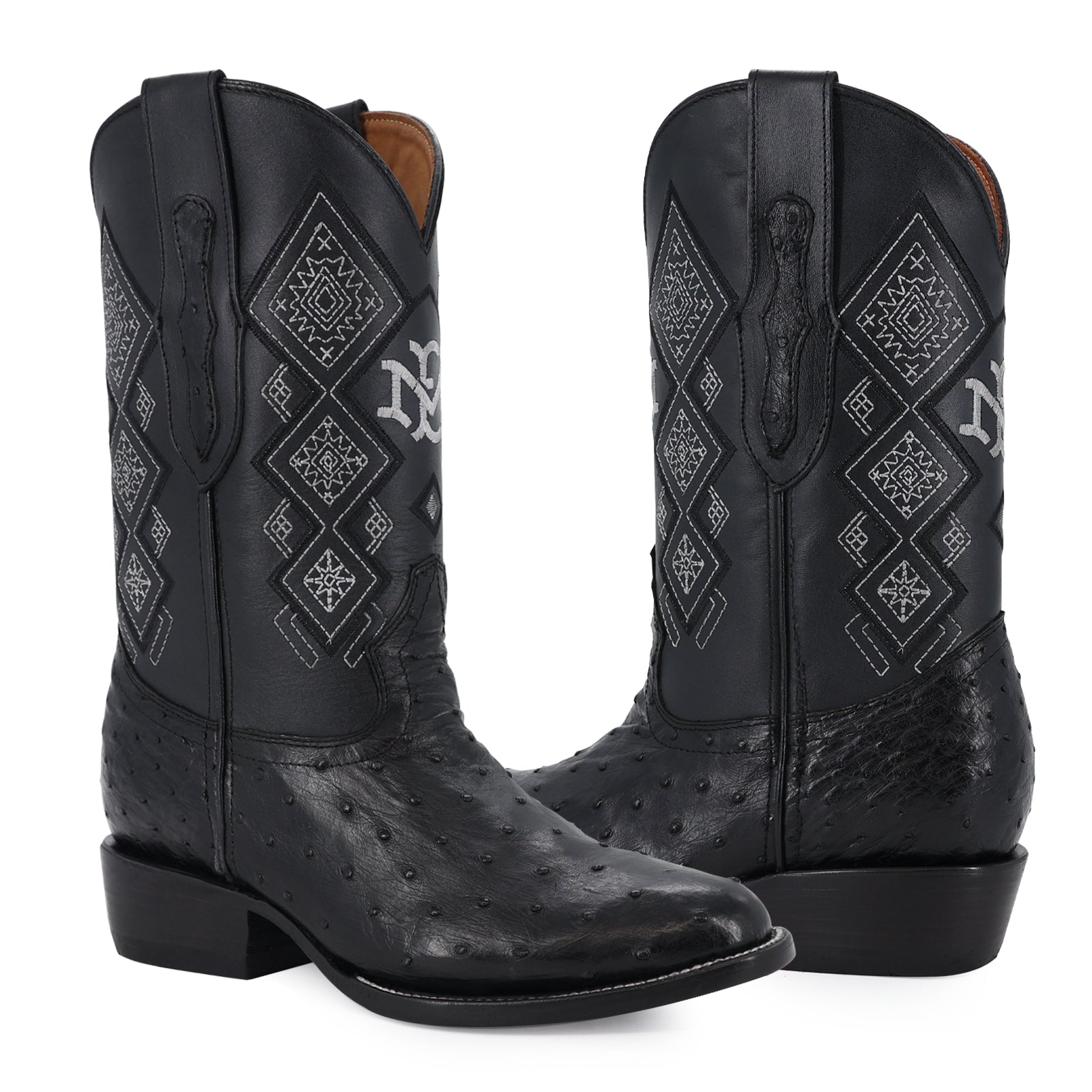 Ostrich leather cowboy boot round toe