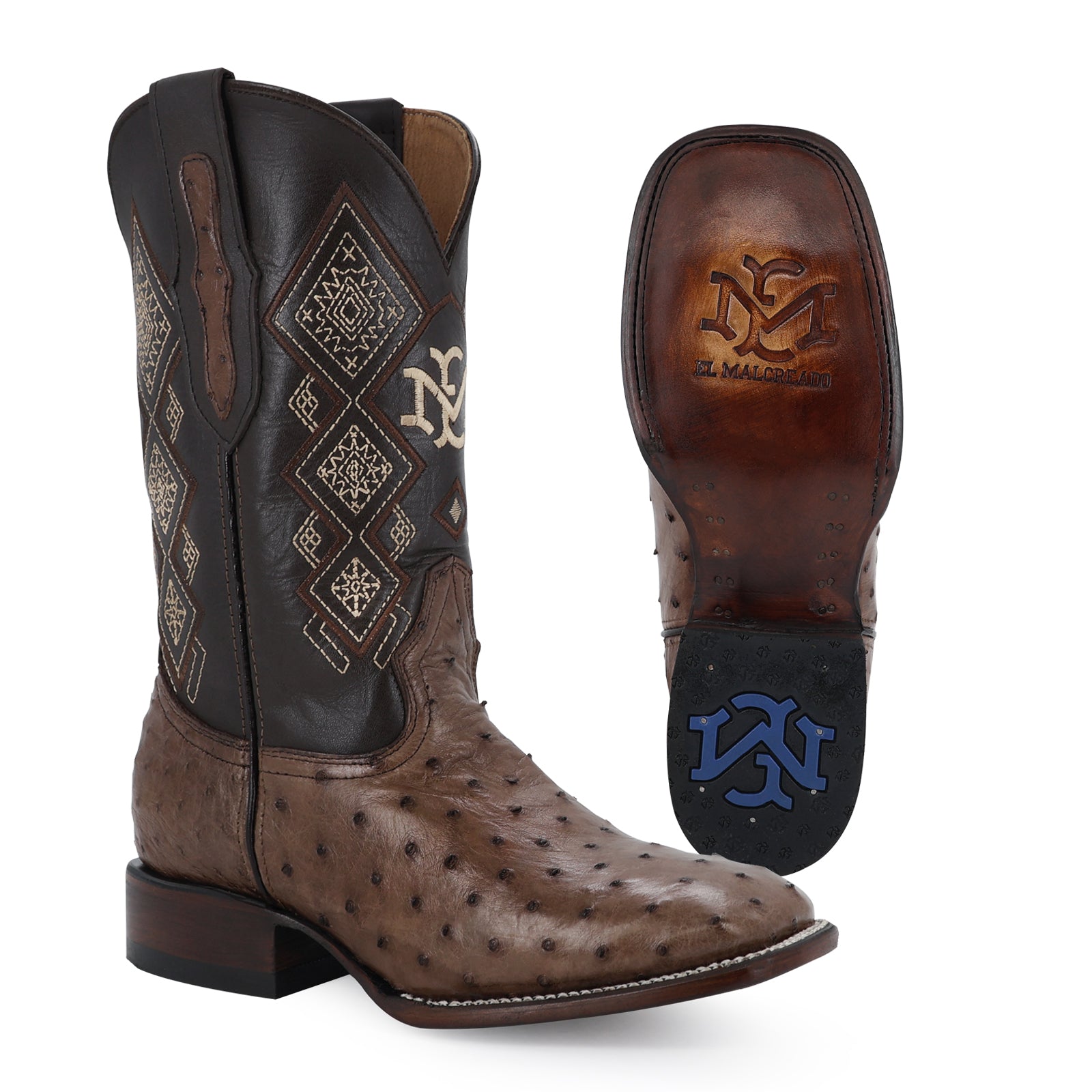 Ostrich leather cowboy boot square toe