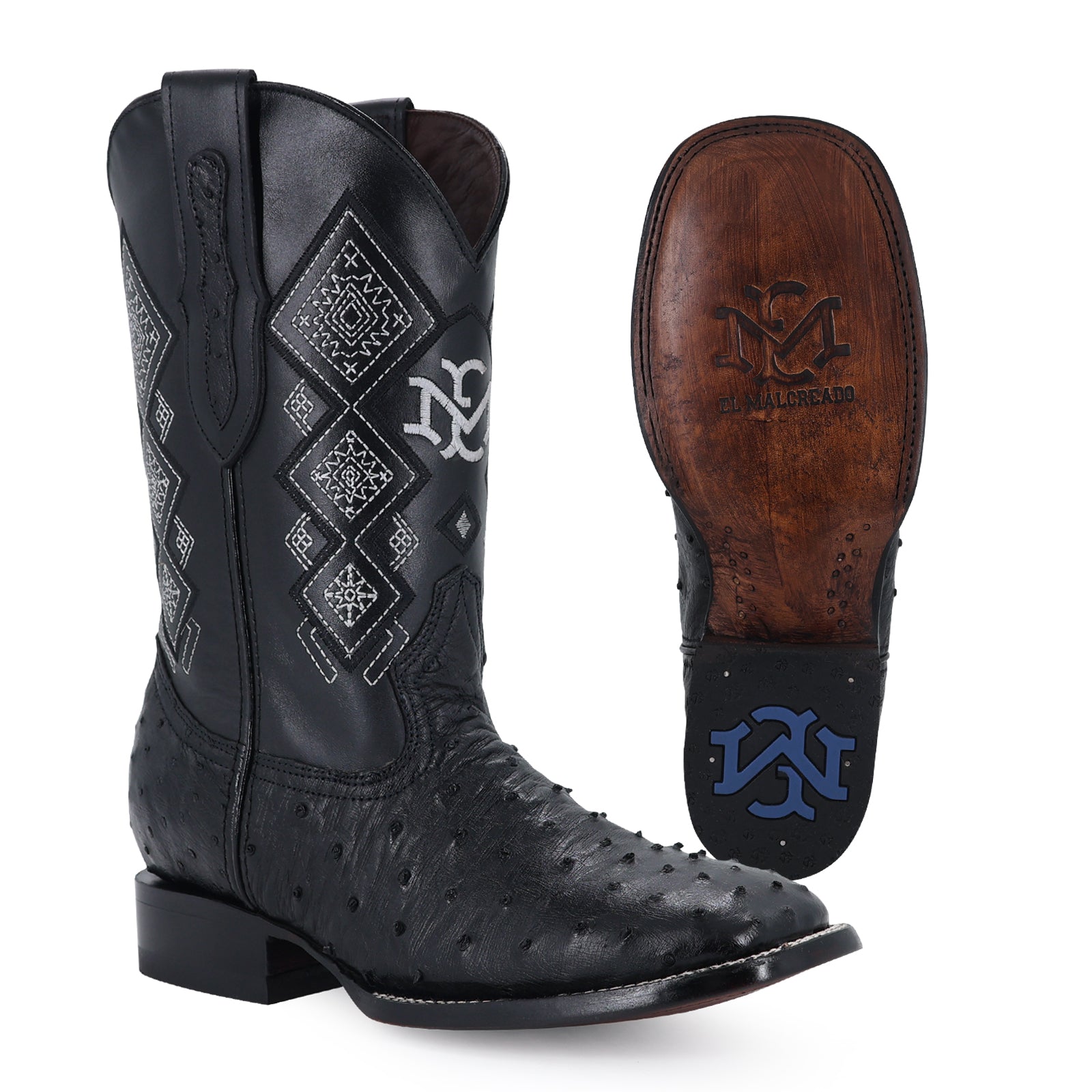Ostrich leather cowboy boot square toe