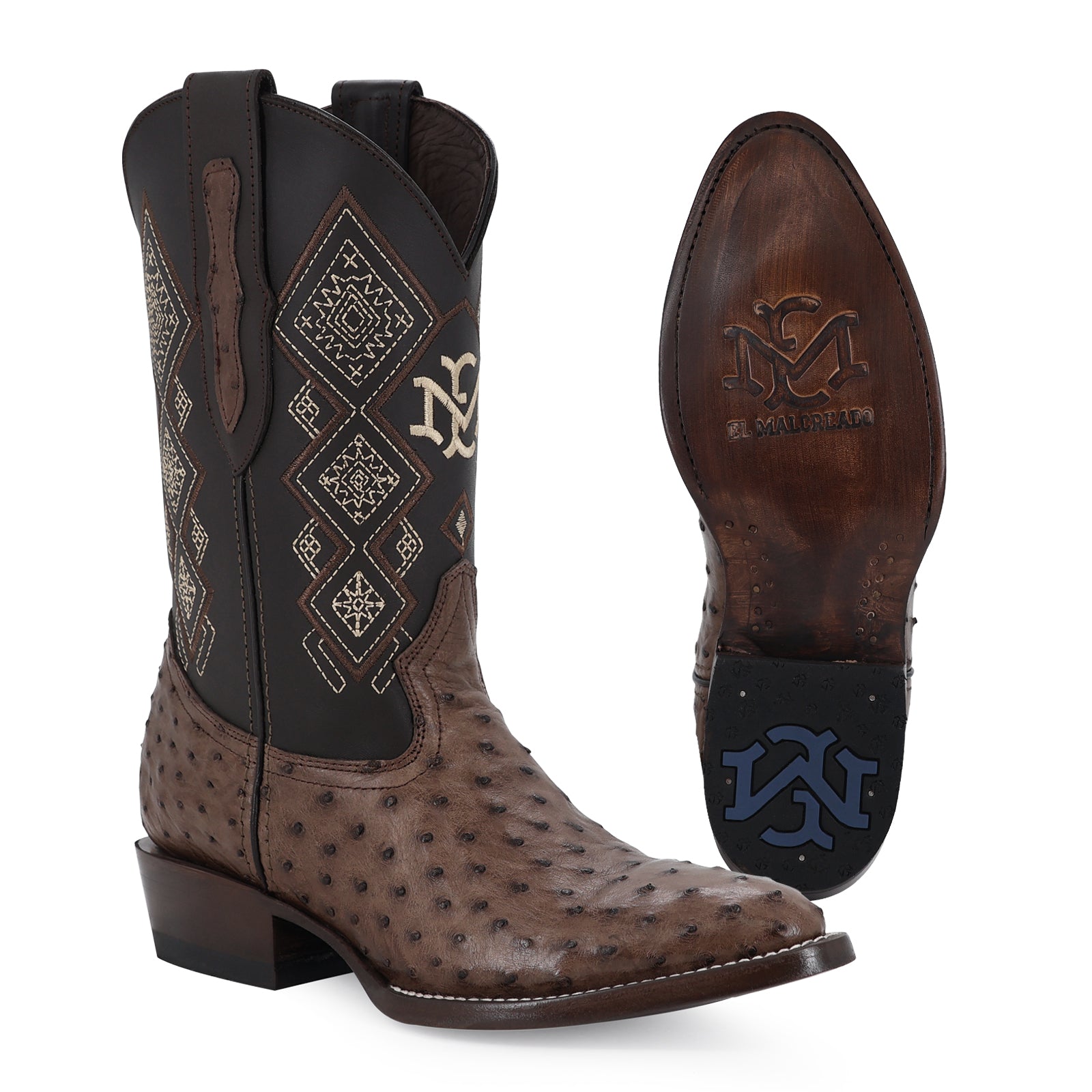 Ostrich leather cowboy boot round toe