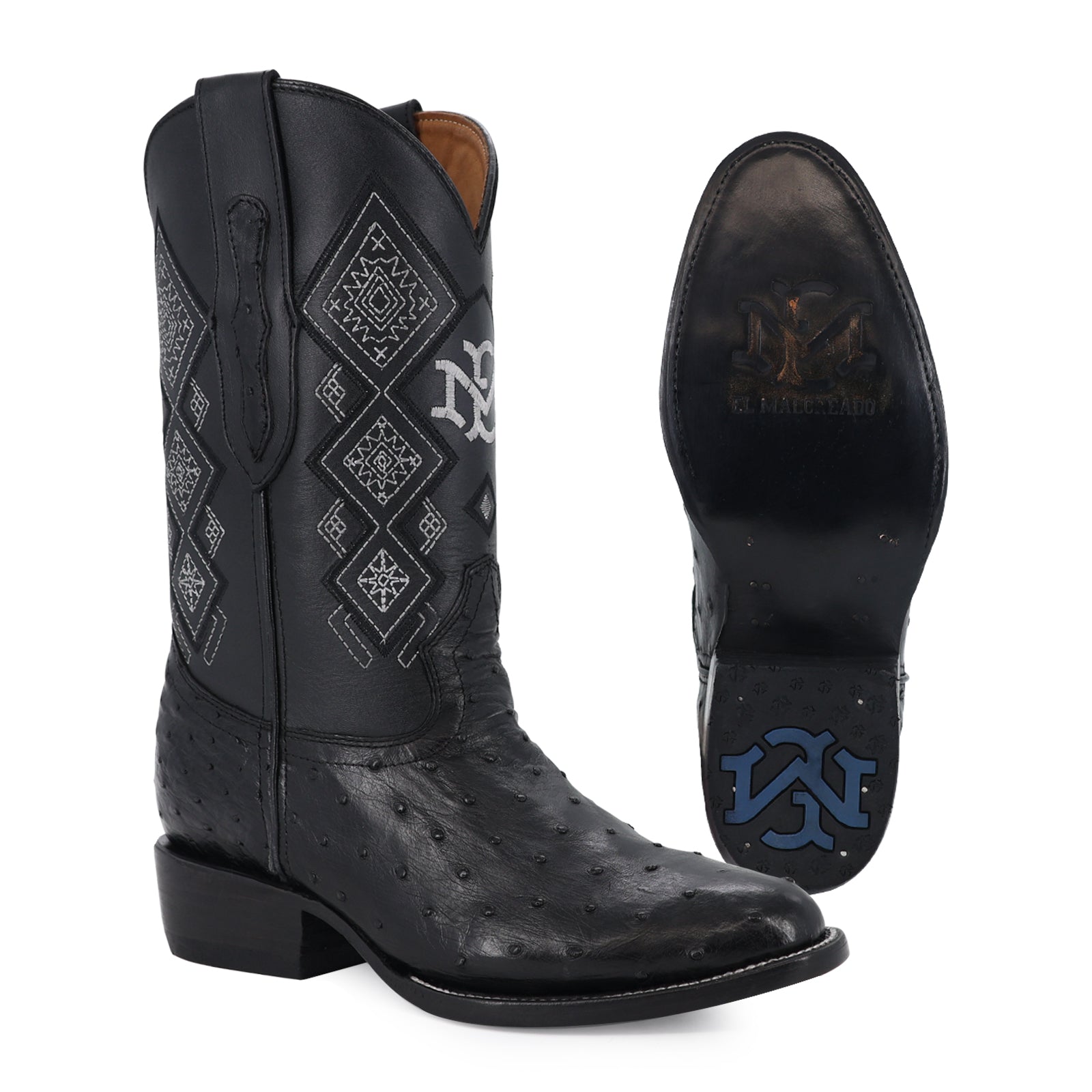 Ostrich leather cowboy boot round toe